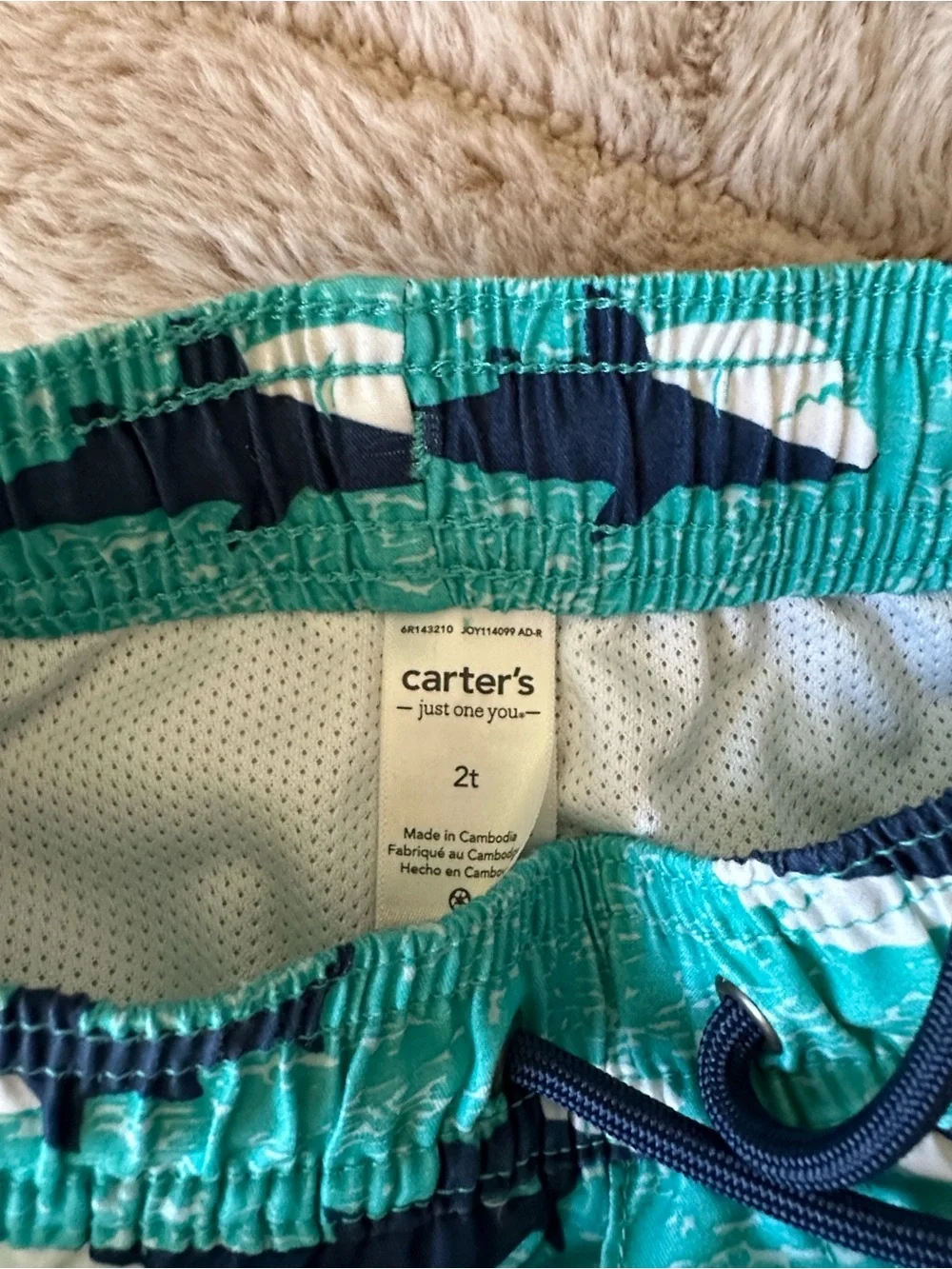 Cat & Jack Coral Shark Swim Shorts with Blue Drawstring